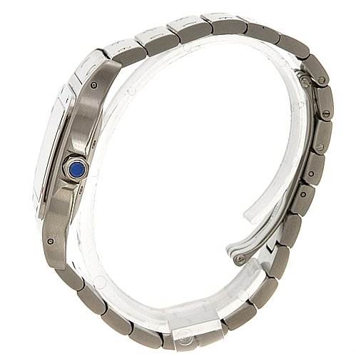 The image shows a side view of the Santos model watch by Cartier, focusing on the bracelet and the crown with a blue cabochon.