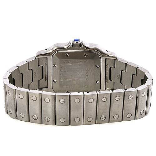 The image shows the back and bracelet of a Santos model watch by Cartier from a rear angle.
