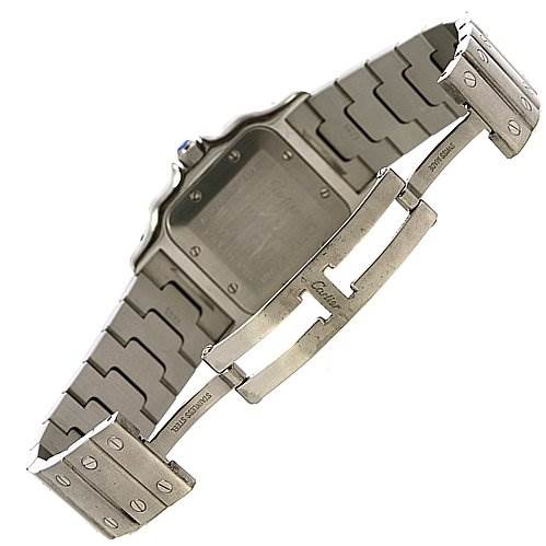 The image shows the back and metal bracelet of the Cartier Santos Stainless Steel Silver Dial Stainless Steel Silver Dial watch, viewed from an angle that highlights its clasp and screws.
