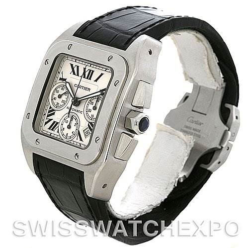 The image shows a Cartier Santos W20090X8 Men
s Stainless Steel Silver Dial W20090X8 Men
s Stainless Steel Silver Dial watch at a three-quarter angle, highlighting its face, bezel, crown, and black leather strap.
