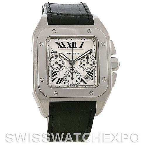 The image shows a front view of a Cartier Santos W20090X8 Men
s Stainless Steel Silver Dial W20090X8 Men
s Stainless Steel Silver Dial watch, showcasing its face, bezel, and leather strap.