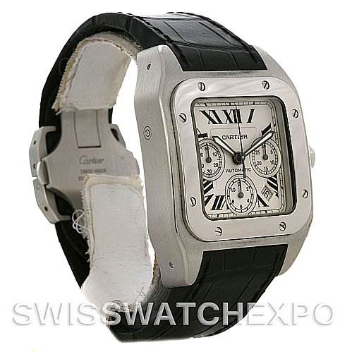 The image displays a Cartier Santos W20090X8 Men
s Stainless Steel Silver Dial W20090X8 Men
s Stainless Steel Silver Dial model watch at a three-quarter angle, showing the face, side, and part of the band.