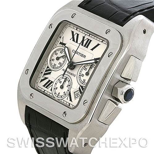 The image shows a Cartier Santos W20090X8 Men
s Stainless Steel Silver Dial W20090X8 Men
s Stainless Steel Silver Dial watch at an angle highlighting its face, crown, and leather strap.