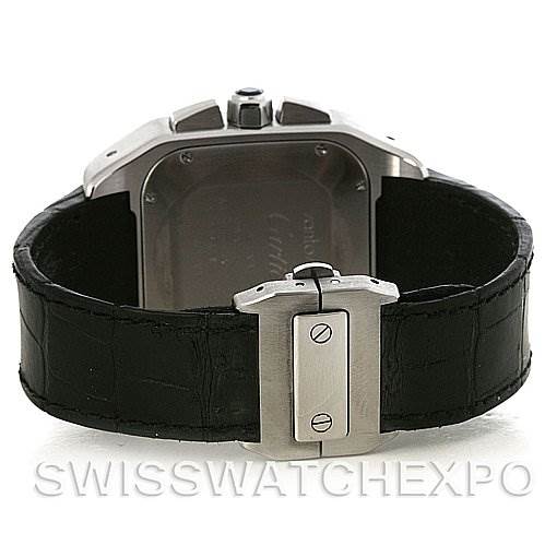 This image shows the back view of a Cartier Santos W20090X8 Men
s Stainless Steel Silver Dial W20090X8 Men
s Stainless Steel Silver Dial watch, focusing on the clasp and leather strap.