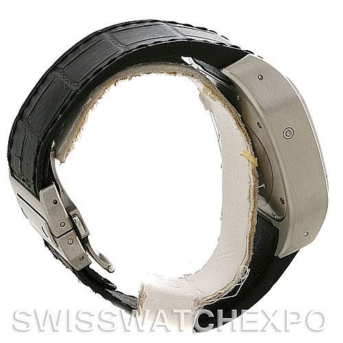 This image shows the side view and clasp of a Santos model by Cartier with a black leather strap.