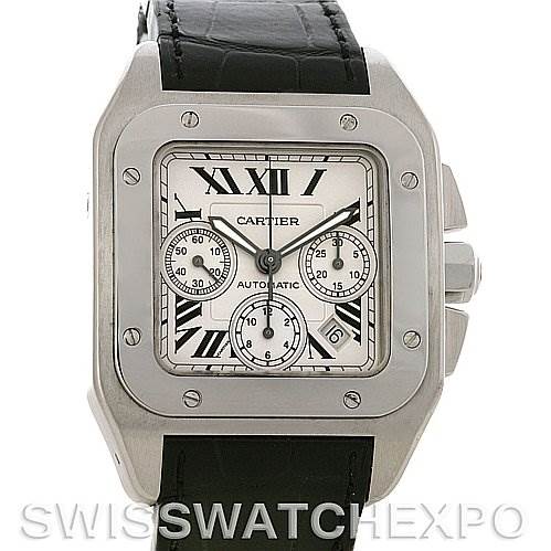 The image shows a Santos model by Cartier from the front angle, displaying its dial, bezel, and leather strap.