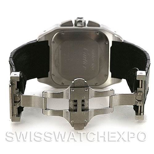 The image shows the backside and clasp mechanism of a Cartier Santos W20090X8 Men
s Stainless Steel Silver Dial W20090X8 Men
s Stainless Steel Silver Dial model watch, highlighting its deployment buckle and case back.