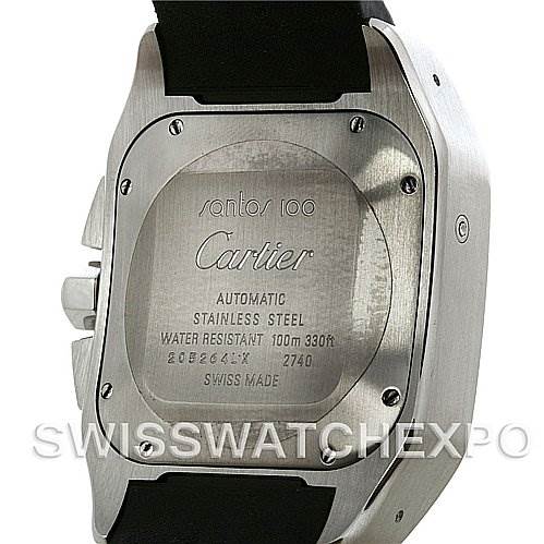 The image shows the back view of a Cartier Santos W20090X8 Men
s Stainless Steel Silver Dial W20090X8 Men
s Stainless Steel Silver Dial 100 watch, highlighting the case back and engravings.