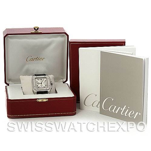 The image shows a Cartier Santos W20090X8 Men
s Stainless Steel Silver Dial W20090X8 Men
s Stainless Steel Silver Dial watch in an open red box, accompanied by booklets and documents.