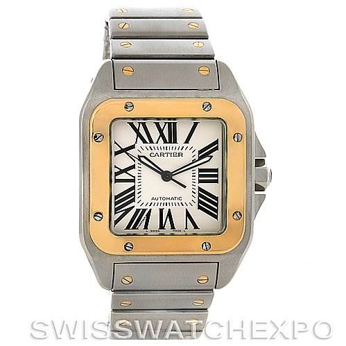 This image shows a front view of a Cartier Santos W200728G Men
s Stainless Steel Silver Dial W200728G Men
s Stainless Steel Silver Dial watch, highlighting its rectangular face, roman numerals, and metal bracelet.