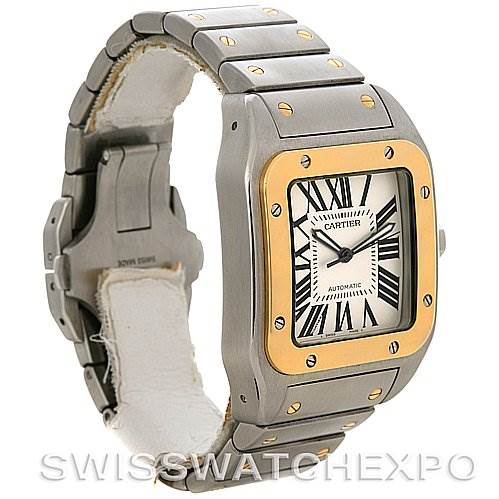 The Santos by Cartier watch is shown at a three-quarter angle, highlighting the case, bezel, crown, and metal bracelet.