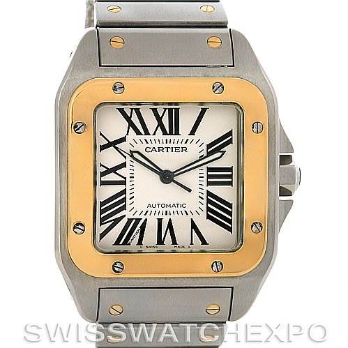 The image shows a front view of the Cartier Santos W200728G Men
s Stainless Steel Silver Dial W200728G Men
s Stainless Steel Silver Dial watch, highlighting its square dial, Roman numerals, and two-tone bezel with screws.