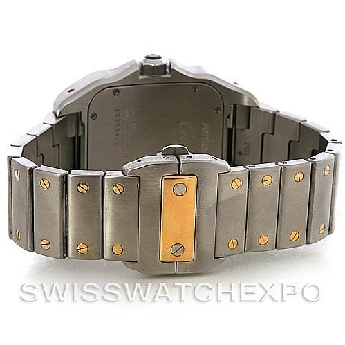 The image shows the stainless steel and gold bracelet and case back of a Cartier Santos W200728G Men
s Stainless Steel Silver Dial W200728G Men
s Stainless Steel Silver Dial watch.