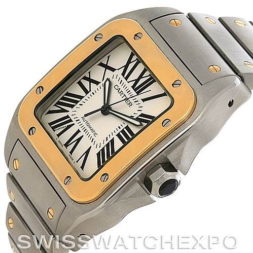 The image shows a close-up, angled view of a Cartier Santos W200728G Men
s Stainless Steel Silver Dial W200728G Men
s Stainless Steel Silver Dial watch, highlighting its dial, bezel, crown, and bracelet.