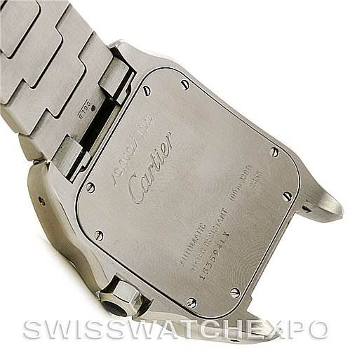 This image shows the back case of a Cartier Santos W200728G Men
s Stainless Steel Silver Dial W200728G Men
s Stainless Steel Silver Dial model watch, including the bracelet attachment and some engraved details.