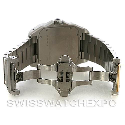 The image shows the back and clasp of a Cartier Santos W200728G Men
s Stainless Steel Silver Dial W200728G Men
s Stainless Steel Silver Dial watch, with the bracelet partially open.