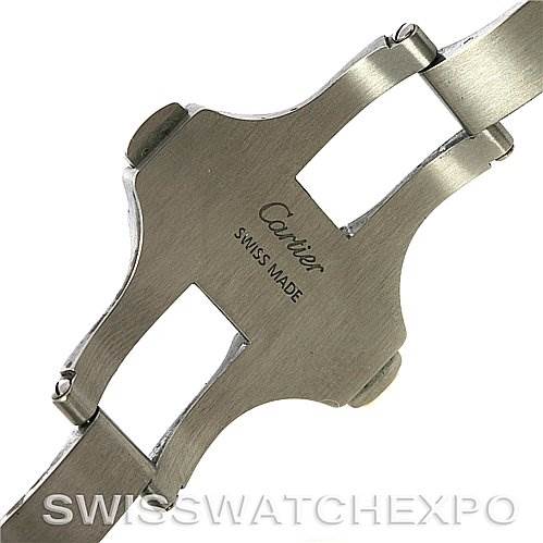 The image shows the clasp mechanism of a Cartier Santos W200728G Men
s Stainless Steel Silver Dial W200728G Men
s Stainless Steel Silver Dial watch, showcasing the "Cartier Swiss Made" engraving.