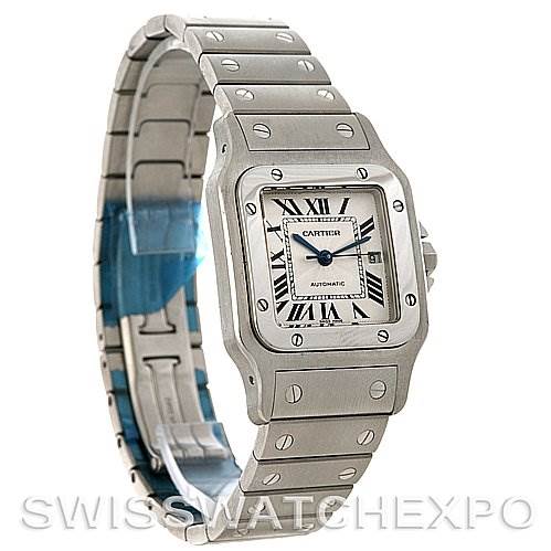 The image shows a frontal angled view of a Cartier Santos W20055D6 Men
s Stainless Steel Silver Dial W20055D6 Men
s Stainless Steel Silver Dial watch, highlighting its square face, bezel, and metal bracelet.