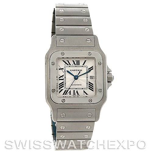 This is a frontal view of the Santos model by Cartier, showcasing the watch face, bezel, and metal bracelet.