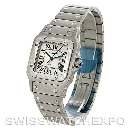 The image shows a Cartier Santos W20055D6 Men
s Stainless Steel Silver Dial W20055D6 Men
s Stainless Steel Silver Dial watch, angled to display the face, bezel, and part of the bracelet.