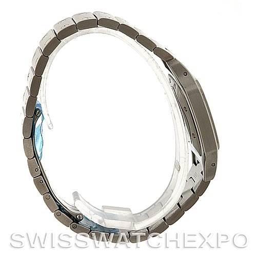 The image shows a side view of the Cartier Santos W20055D6 Men
s Stainless Steel Silver Dial W20055D6 Men
s Stainless Steel Silver Dial watch, highlighting its metal bracelet and case profile.