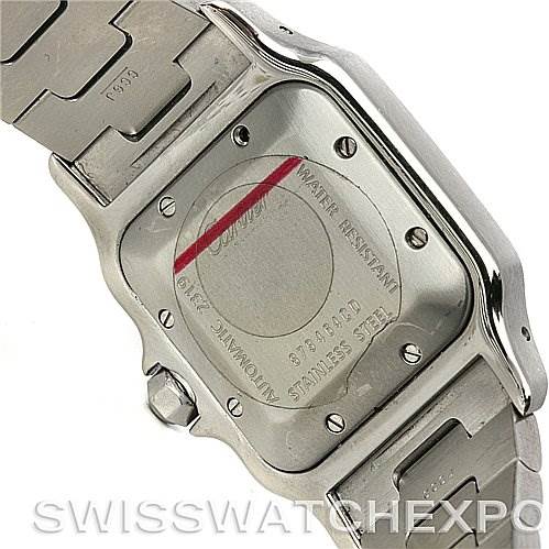 The image shows the backside of a Cartier Santos W20055D6 Men
s Stainless Steel Silver Dial W20055D6 Men
s Stainless Steel Silver Dial watch, highlighting the case back, bracelet, and clasp.