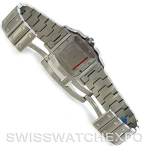 The image shows the back of a Santos model by Cartier, highlighting the clasp and bracelet.