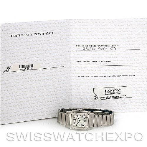 The image shows a Santos model Cartier watch placed in front of its Best Quality
ity certificate.