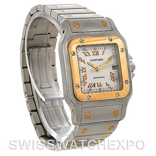 The image shows a Cartier Santos W20058C4 Men's Stainless Steel Silver Dial W20058C4 Men's Stainless Steel Silver Dial watch at a three-quarter angle, highlighting the face, bezel, and metal bracelet.