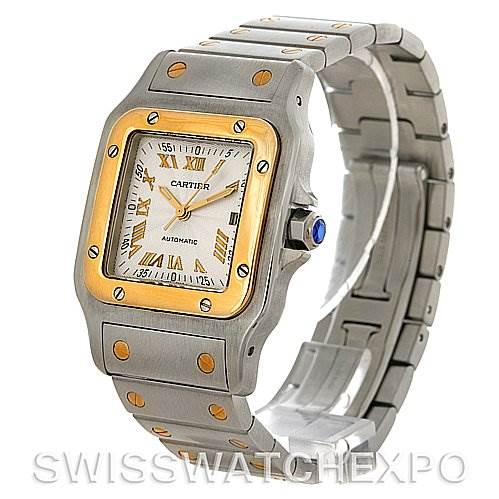 This Cartier Santos W20058C4 Men's Stainless Steel Silver Dial W20058C4 Men's Stainless Steel Silver Dial watch is shown from a three-quarter angle, displaying the face, bezel, and part of the bracelet.