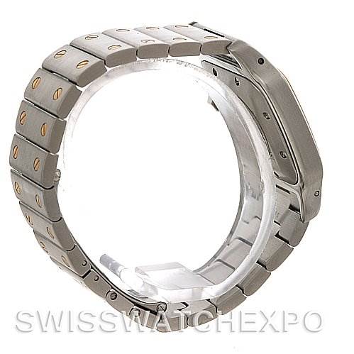 The image shows a side view of the Cartier Santos W20058C4 Men's Stainless Steel Silver Dial W20058C4 Men's Stainless Steel Silver Dial model watch, highlighting its stainless steel bracelet and case.