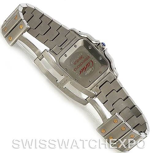The image shows the back view of a Cartier Santos W20058C4 Men's Stainless Steel Silver Dial W20058C4 Men's Stainless Steel Silver Dial watch, highlighting the case back, bracelet, and deployment clasp.