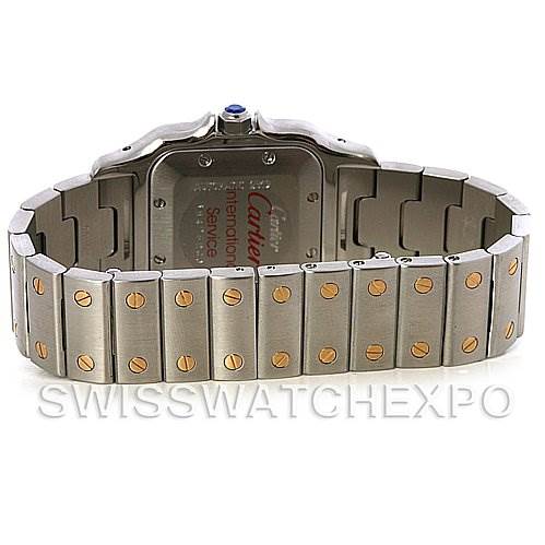 This is an image of the back view of a Cartier Santos W20058C4 Men's Stainless Steel Silver Dial W20058C4 Men's Stainless Steel Silver Dial watch, showing its bracelet and case back.