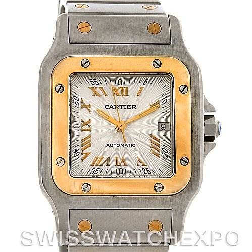 This image shows a Cartier Santos W20058C4 Men's Stainless Steel Silver Dial W20058C4 Men's Stainless Steel Silver Dial watch from a front angle, highlighting the face, bezel, and part of the bracelet.