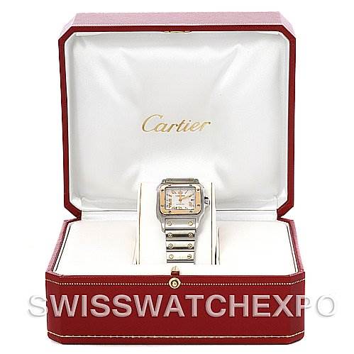The Cartier Santos W20058C4 Men's Stainless Steel Silver Dial W20058C4 Men's Stainless Steel Silver Dial watch is shown front-facing in an open Cartier case.
