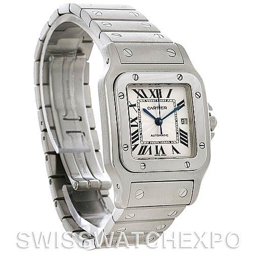 This image shows the Cartier Santos W20055D6 Men
s Stainless Steel Silver Dial W20055D6 Men
s Stainless Steel Silver Dial model watch from an oblique front view angle, highlighting the face, bezel, and part of the band.