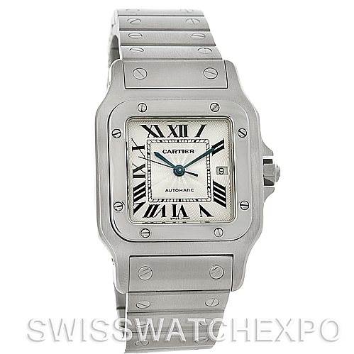 The image shows a front view of a Cartier Santos W20055D6 Men
s Stainless Steel Silver Dial W20055D6 Men
s Stainless Steel Silver Dial watch, featuring its square face, Roman numerals, and a stainless steel bracelet.