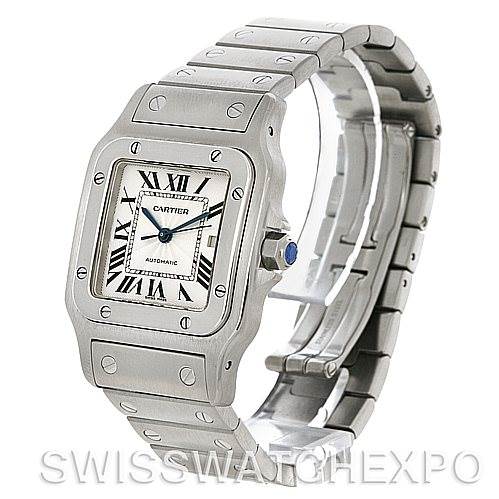 The image shows a Cartier Santos W20055D6 Men
s Stainless Steel Silver Dial W20055D6 Men
s Stainless Steel Silver Dial watch at a three-quarter angle, displaying the face, bezel, crown, and part of the bracelet.