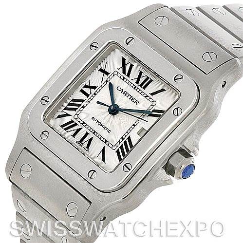 The image shows a Santos model by Cartier from an angled view displaying its face, bezel, crown, and part of the bracelet.