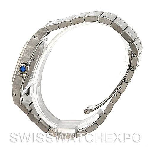 The image shows a side view of a Santos model watch by Cartier, highlighting the bracelet and the side of the case.