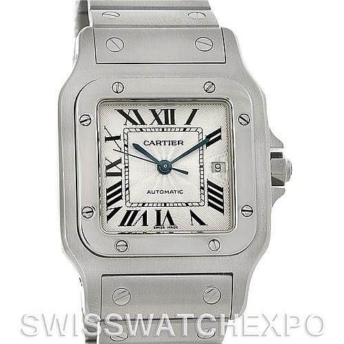 The image shows a Cartier Santos W20055D6 Men
s Stainless Steel Silver Dial W20055D6 Men
s Stainless Steel Silver Dial watch from a frontal angle, displaying the face, bezel, bracelet, and part of the crown.