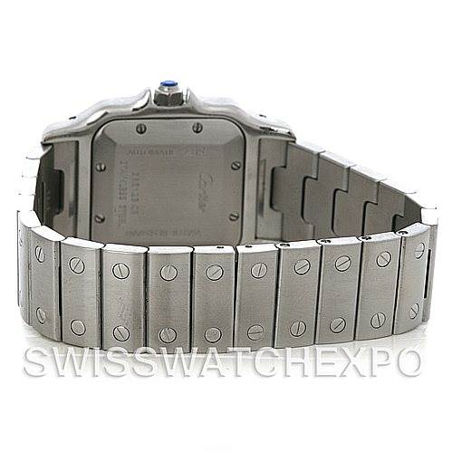 The image shows the back and bracelet of the Cartier Santos W20055D6 Men
s Stainless Steel Silver Dial W20055D6 Men
s Stainless Steel Silver Dial watch, highlighting the clasp and screw details.