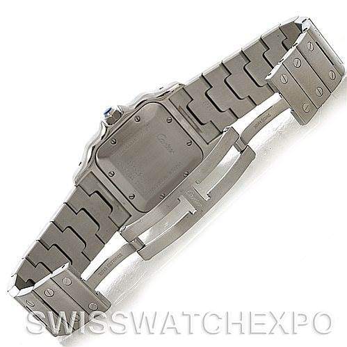 The image shows the back and bracelet of a Cartier Santos W20055D6 Men
s Stainless Steel Silver Dial W20055D6 Men
s Stainless Steel Silver Dial watch, prominently displaying the clasp and links.