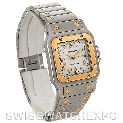 The image shows a Santos model by Cartier at a left diagonal front angle, displaying the face, bezel, and part of the bracelet.