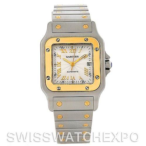 The image shows a front view of a Cartier Santos W20058C4 Men's Stainless Steel Silver Dial W20058C4 Men's Stainless Steel Silver Dial watch, highlighting its square face, gold bezel, and metal bracelet with gold screws.