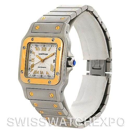 The image shows a Santos model by Cartier at a slight angle, displaying its face, bezel, and part of its bracelet.