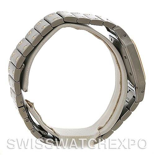 The image shows a side view of a Cartier Santos W20058C4 Men's Stainless Steel Silver Dial W20058C4 Men's Stainless Steel Silver Dial watch, highlighting its bracelet and case.