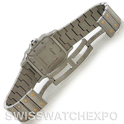 The image shows the back and bracelet of a Cartier Santos W20058C4 Men's Stainless Steel Silver Dial W20058C4 Men's Stainless Steel Silver Dial watch, highlighting the case back and clasp mechanism.