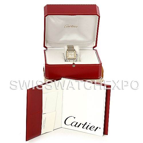 The image shows a Cartier Santos W20058C4 Men's Stainless Steel Silver Dial W20058C4 Men's Stainless Steel Silver Dial model watch in its red jewelry box, alongside Cartier documentation.