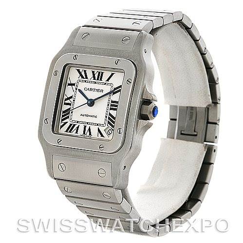 This image shows a Santos model by Cartier viewed from an angled front, highlighting the face and stainless steel bracelet.